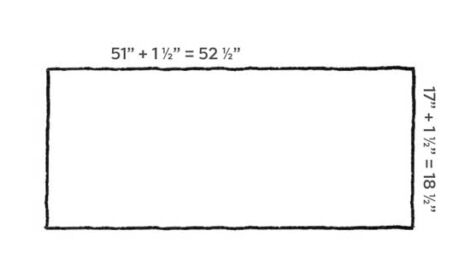 black and white diagram showing the measurements of the piece of fabric to compose the bag at 52.5 inches by 18.5 inches